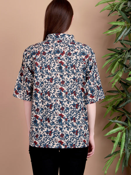 Miramaar Women's Cotton Spread Collar Blue Printed Top