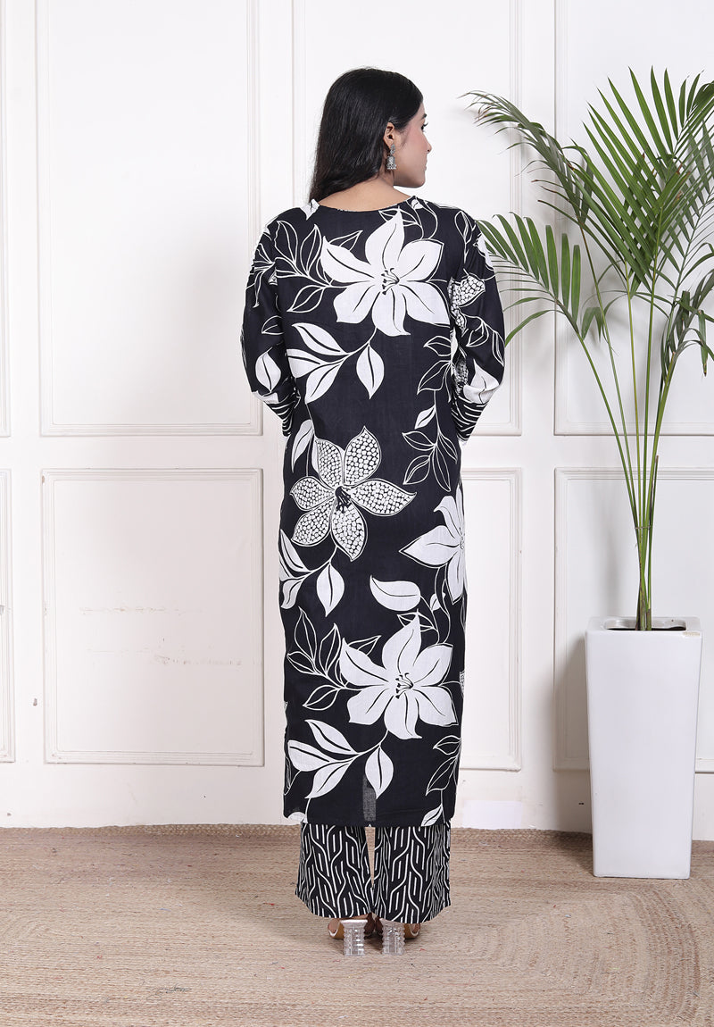 Miramaar Women's Black Cotton A-Line Kurta Set with Dupatta, Floral Print & Adda Work