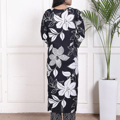 Miramaar Women's Black Cotton A-Line Kurta Set with Dupatta, Floral Print & Adda Work