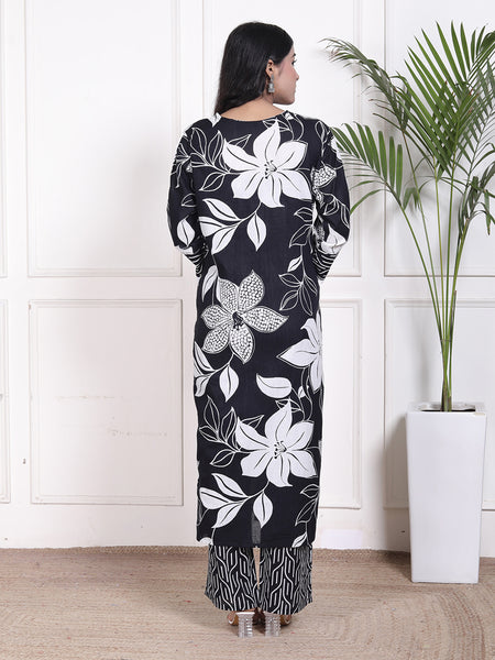 Miramaar Women's Black Cotton A-Line Kurta Set with Dupatta, Floral Print & Adda Work