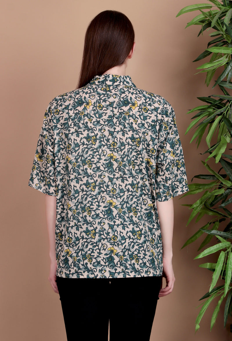Miramaar Women's Cotton Spread Collar Green Printed Top