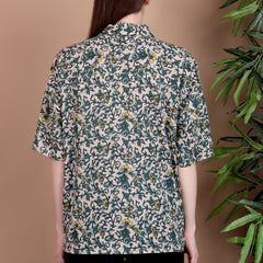 Miramaar Women's Cotton Spread Collar Green Printed Top