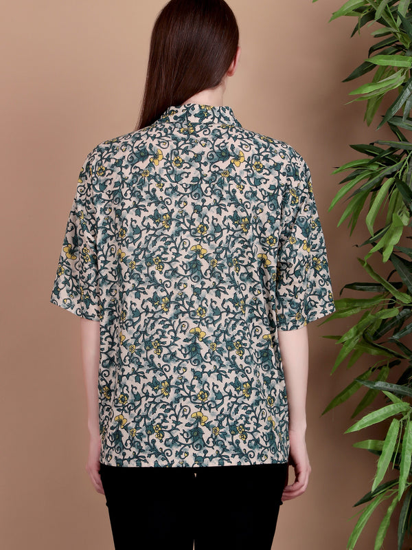 Miramaar Women's Cotton Spread Collar Green Printed Top