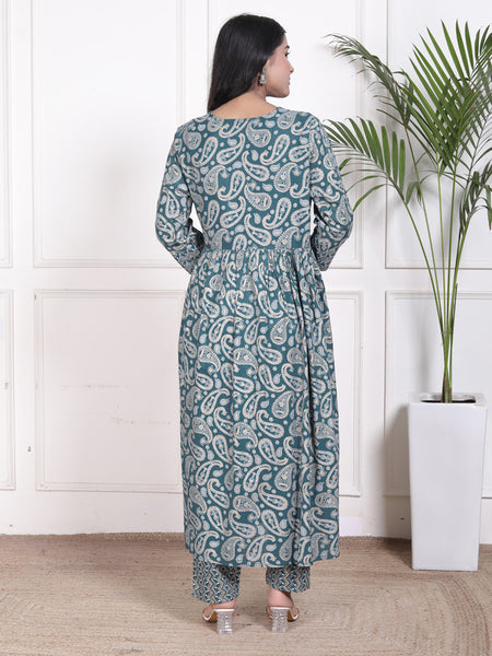 Miramaar Women's Green Printed Rayon A-line Embroidered Salwar Suit Set