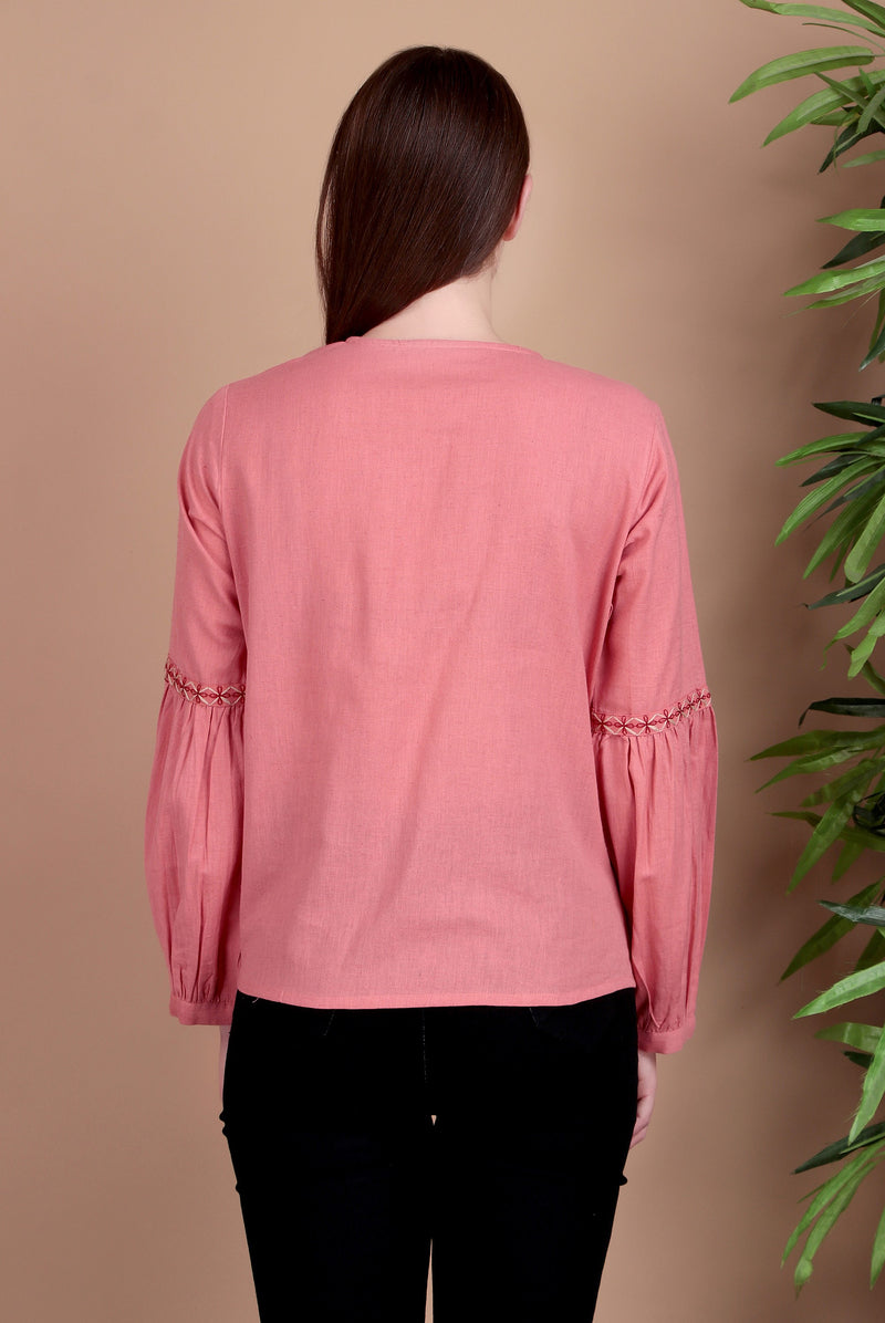 Miramaar Women's Cotton Flex Collared Pink Solid Embroidered Top