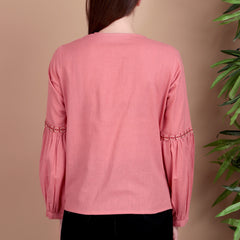 Miramaar Women's Cotton Flex Collared Pink Solid Embroidered Top