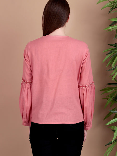 Miramaar Women's Cotton Flex Collared Pink Solid Embroidered Top