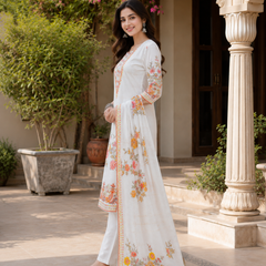Women WHITE Printed Round Neck Kurta with Straight Pants & Printed Dupatta