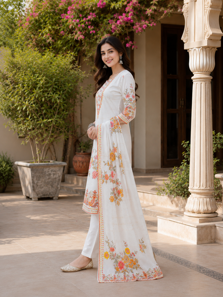Women WHITE Printed Round Neck Kurta with Straight Pants & Printed Dupatta