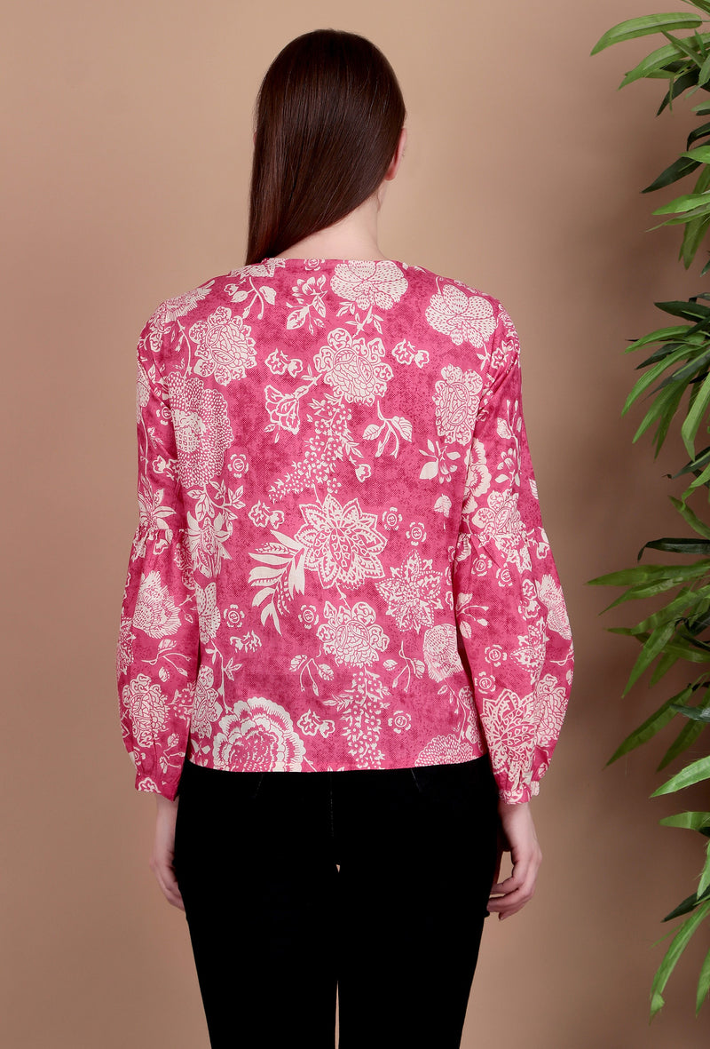 Miramaar Women's Cotton V-Neck Pink Printed Top