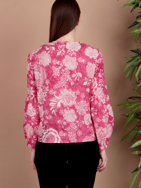 Miramaar Women's Cotton V-Neck Pink Printed Top