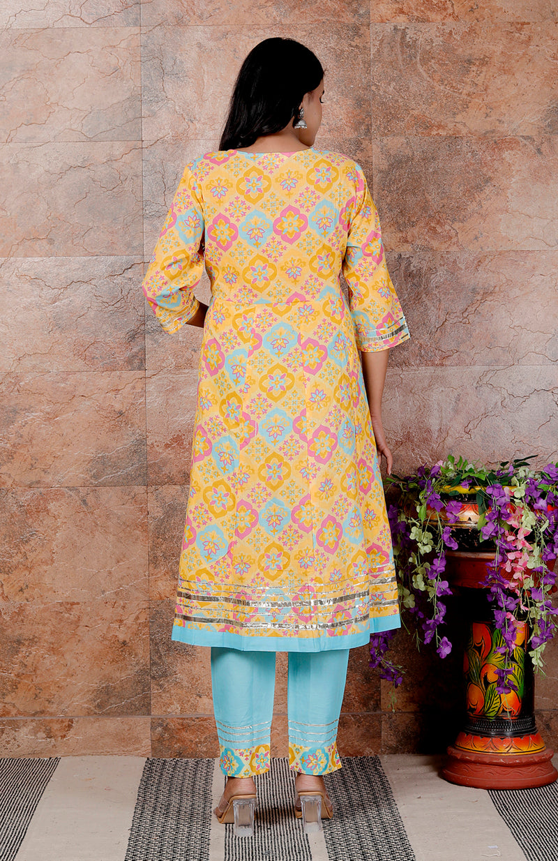 Miramaar Women's Yellow & Blue Cotton Anarkali Embroidered Kurta Pant with Dupatta