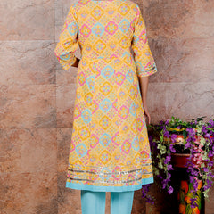 Miramaar Women's Yellow & Blue Cotton Anarkali Embroidered Kurta Pant with Dupatta