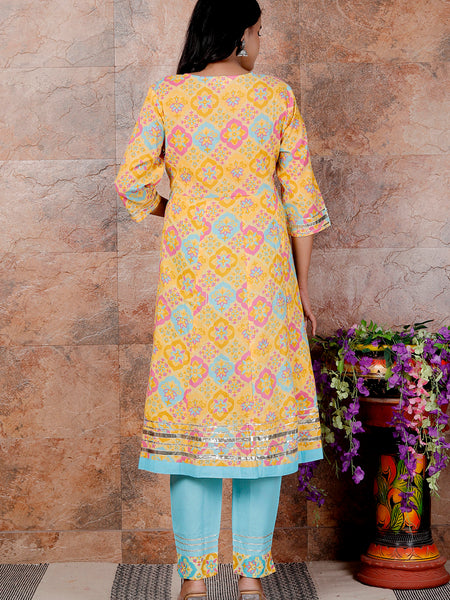 Miramaar Women's Yellow & Blue Cotton Anarkali Embroidered Kurta Pant with Dupatta
