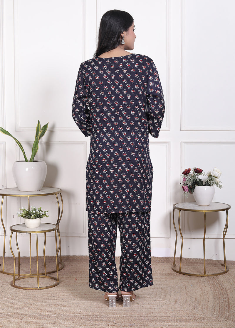 Miramaar Women's Navy Blue Printed Rayon Coord Set