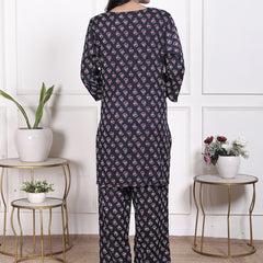 Miramaar Women's Navy Blue Printed Rayon Coord Set