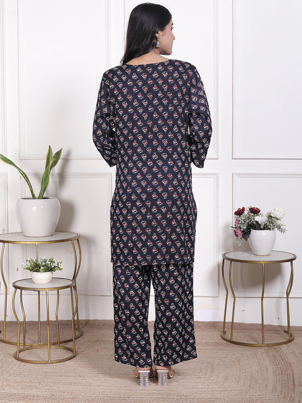 Miramaar Women's Navy Blue Printed Rayon Coord Set
