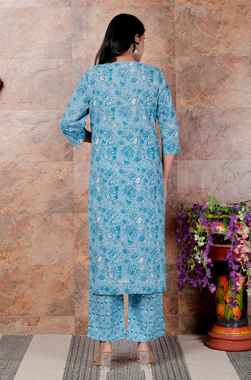 Miramaar Women's Blue Round Neck Hand Work Kurta Pant with Dupatta