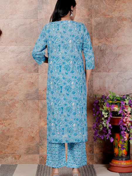 Miramaar Women's Blue Round Neck Hand Work Kurta Pant with Dupatta