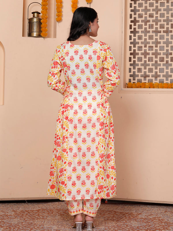 Miramaar Women's Yellow Printed Rayon Anarkali Adda Work Kurta Set