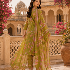 Miramaar Women's Green Cotton Straight Round Neck Hand Work Kurta Pant with Dupatta