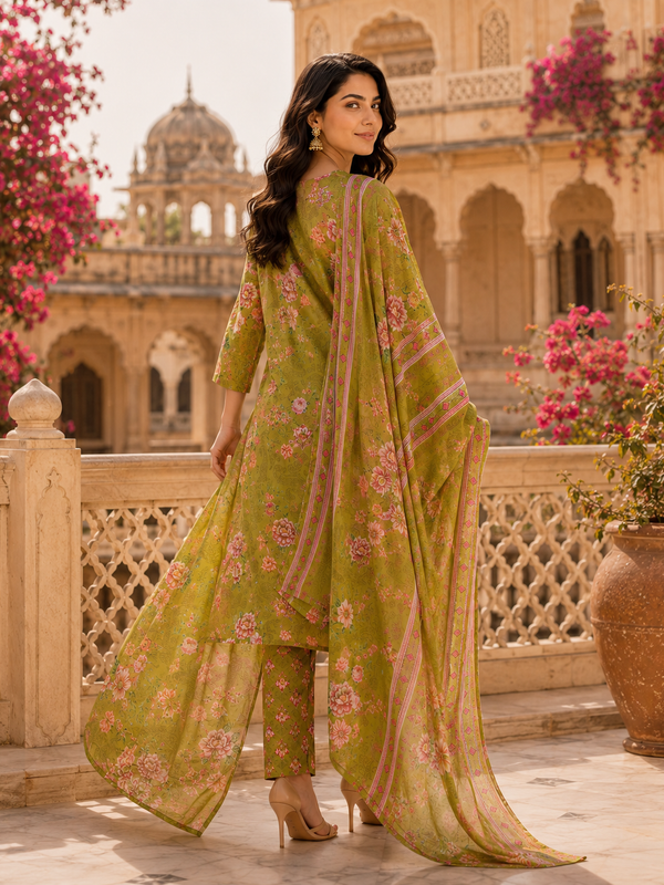 Miramaar Women's Green Cotton Straight Round Neck Hand Work Kurta Pant with Dupatta