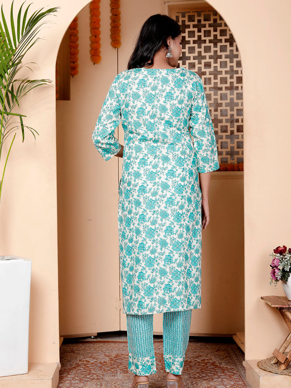 Miramaar Women's Light Blue Round Neck Embroidered Straight Kurta Pant with Dupatta