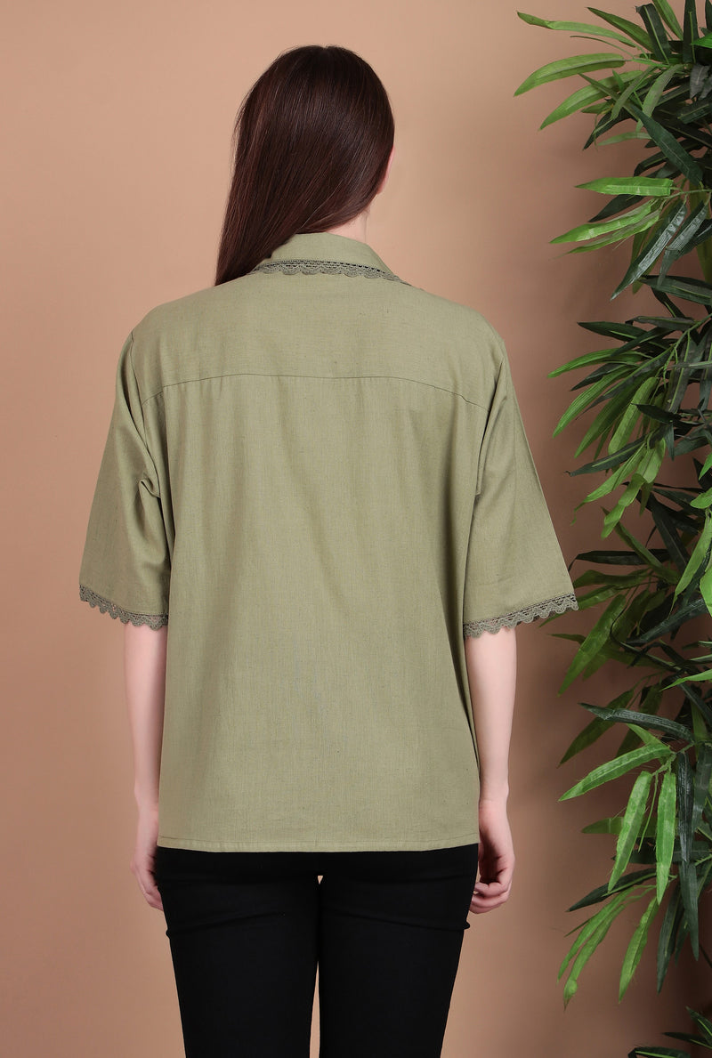Miramaar Women's Cotton Flex Spread Collar Olive Green Solid Lace Work Top