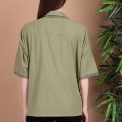 Miramaar Women's Cotton Flex Spread Collar Olive Green Solid Lace Work Top