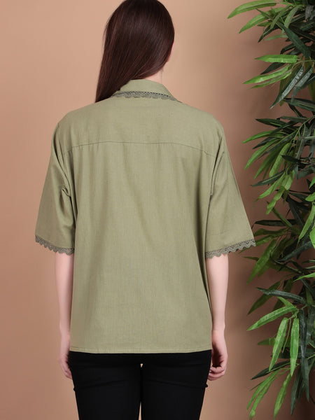 Miramaar Women's Cotton Flex Spread Collar Olive Green Solid Lace Work Top