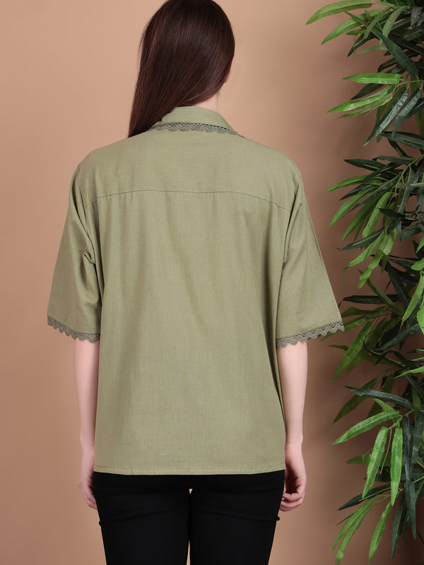 Miramaar Women's Cotton Flex Spread Collar Olive Green Solid Lace Work Top