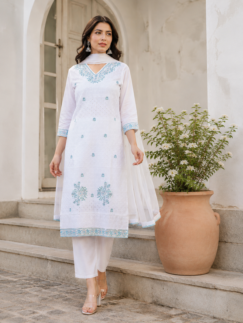 Miramaar Women's White Regal Ensemble Kurta & Dupatta Set