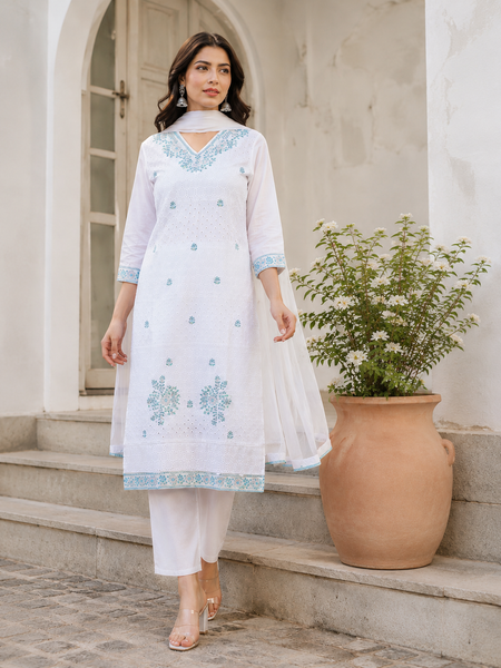 Miramaar Women's White Regal Ensemble Kurta & Dupatta Set