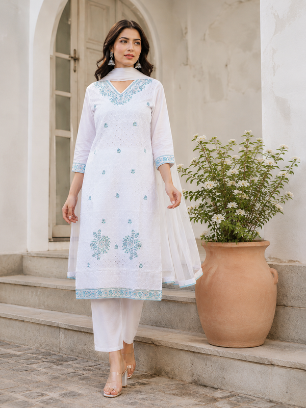 Miramaar Women's White Regal Ensemble Kurta & Dupatta Set