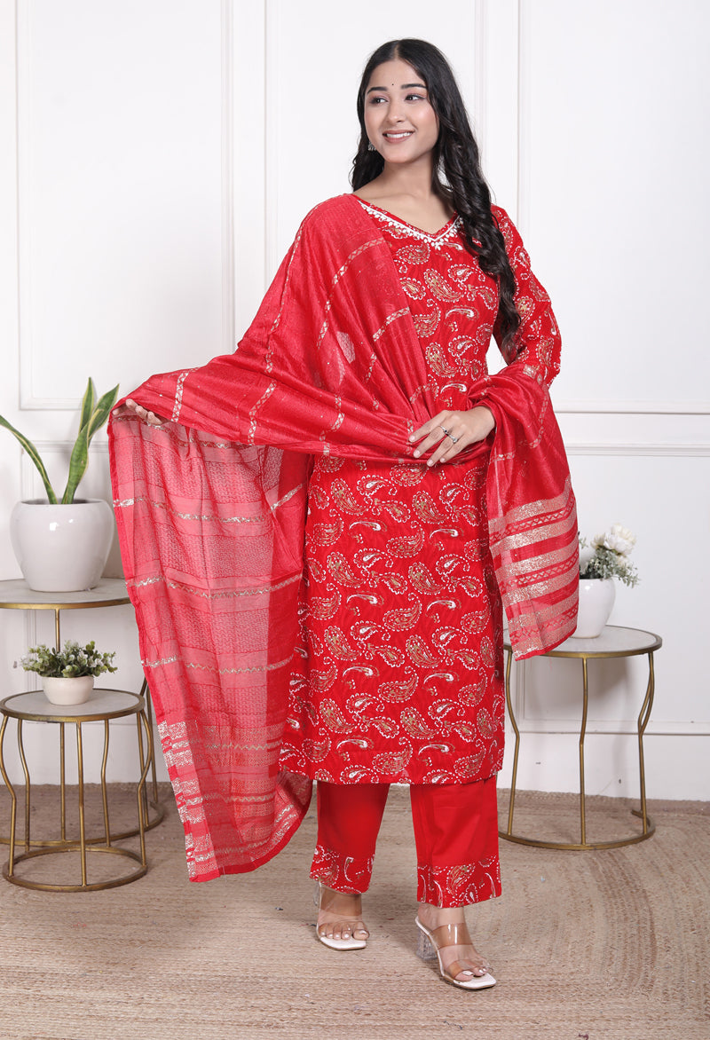 Miramaar Women's Brown Printed Cotton V-Neck Straight Kurta Pant with Dupatta