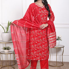 Miramaar Women's Brown Printed Cotton V-Neck Straight Kurta Pant with Dupatta