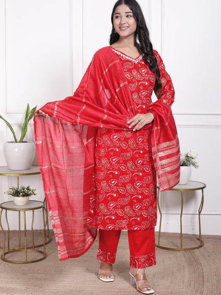 Miramaar Women's Red Cotton Straight V-Neck Kurta Set with Dupatta