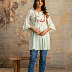 Miramaar Women's Light Green Solid Embroidered Rayon Crepe Top