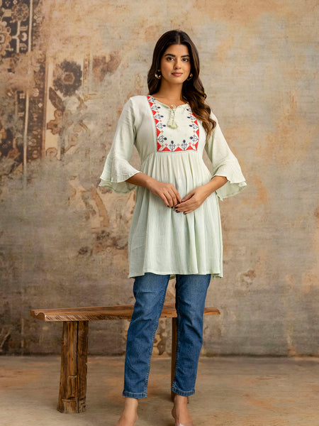 Miramaar Women's Light Green Solid Embroidered Rayon Crepe Top