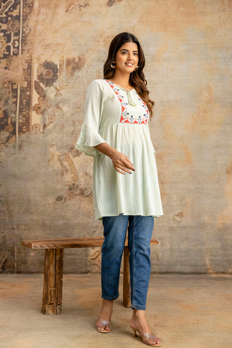 Miramaar Women's Light Green Solid Embroidered Rayon Crepe Top