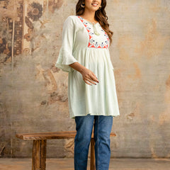 Miramaar Women's Light Green Solid Embroidered Rayon Crepe Top