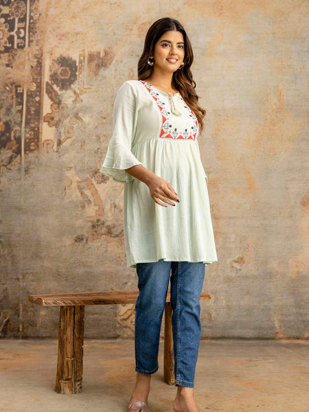 Miramaar Women's Light Green Solid Embroidered Rayon Crepe Top