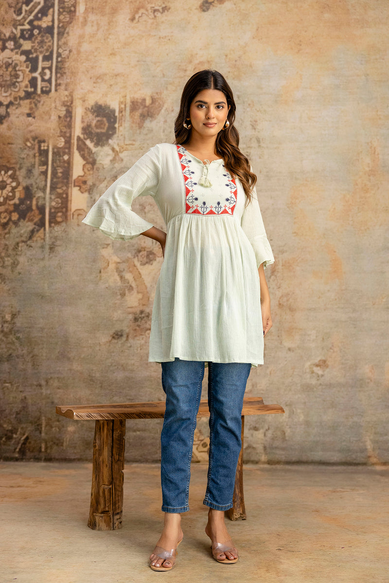 Miramaar Women's Light Green Solid Embroidered Rayon Crepe Top