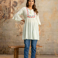 Miramaar Women's Light Green Solid Embroidered Rayon Crepe Top