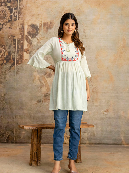 Miramaar Women's Light Green Solid Embroidered Rayon Crepe Top