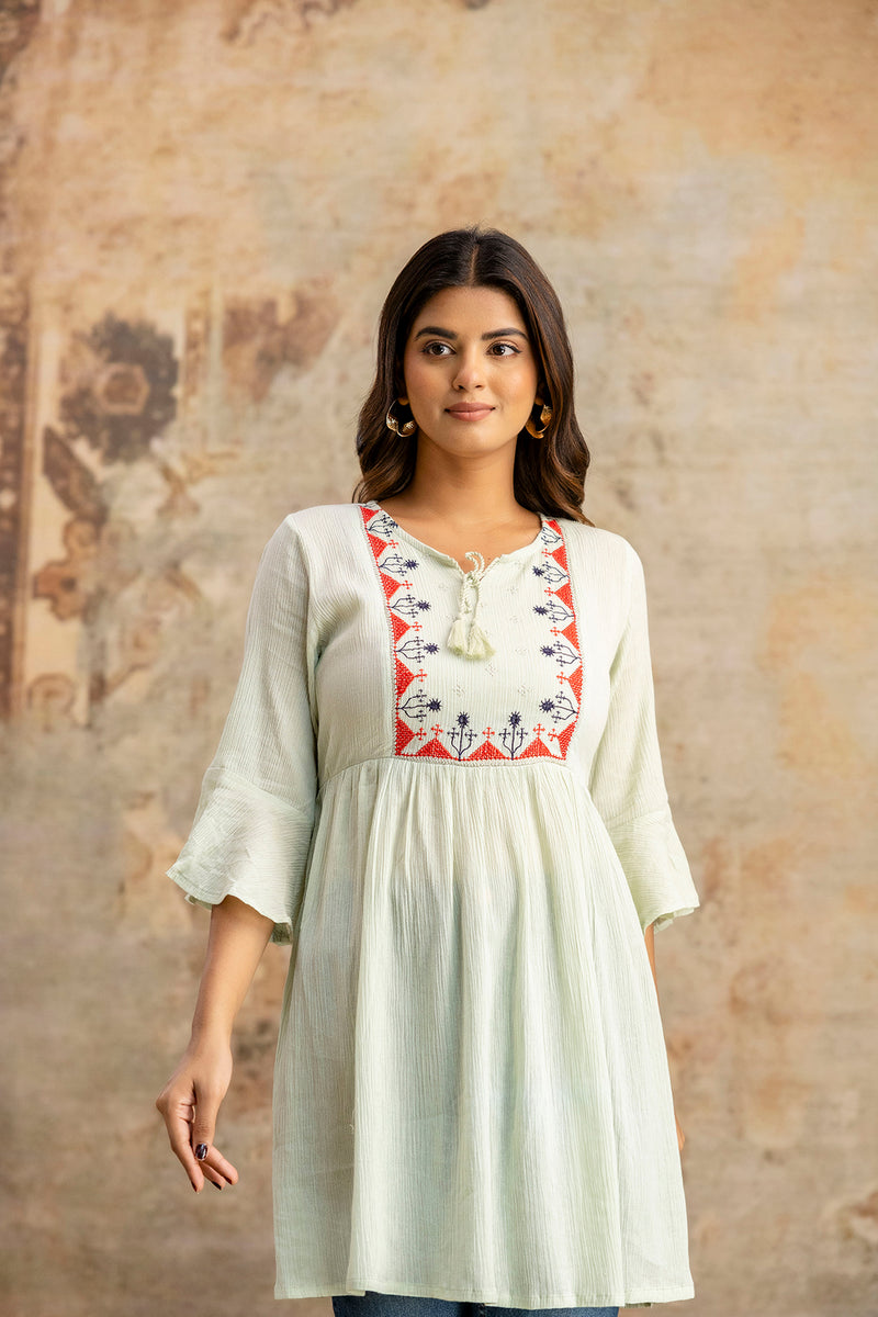 Miramaar Women's Light Green Solid Embroidered Rayon Crepe Top