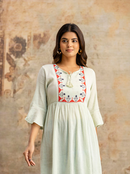 Miramaar Women's Light Green Solid Embroidered Rayon Crepe Top