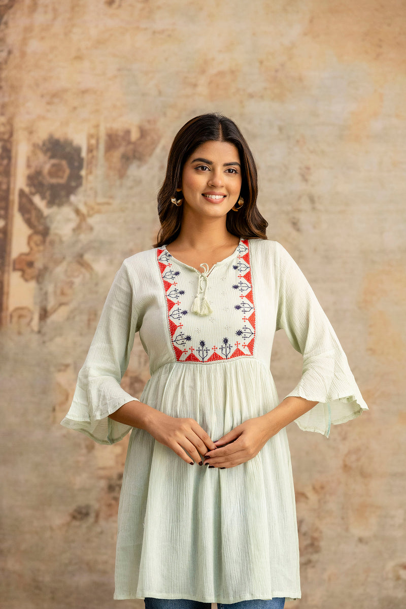 Miramaar Women's Light Green Solid Embroidered Rayon Crepe Top