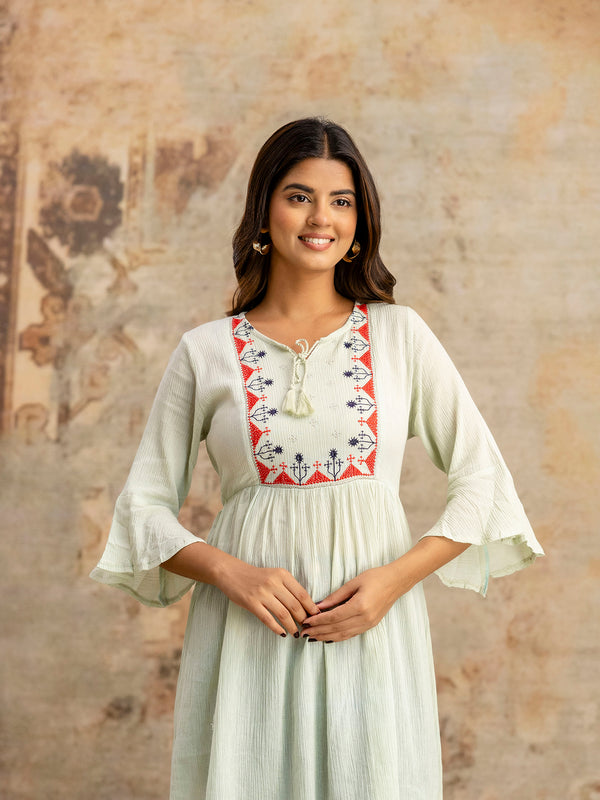 Miramaar Women's Light Green Solid Embroidered Rayon Crepe Top