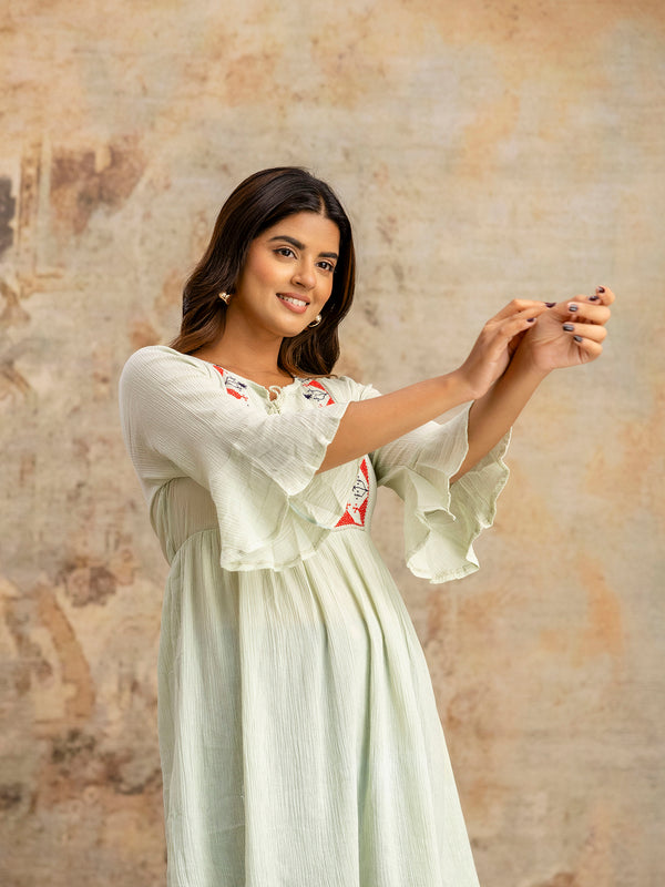 Miramaar Women's Light Green Solid Embroidered Rayon Crepe Top